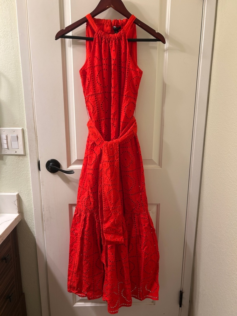 NWT Ann Taylor Orange Red Eyelet Halter Maxi Dress with Waist Tie, Sz XXSP